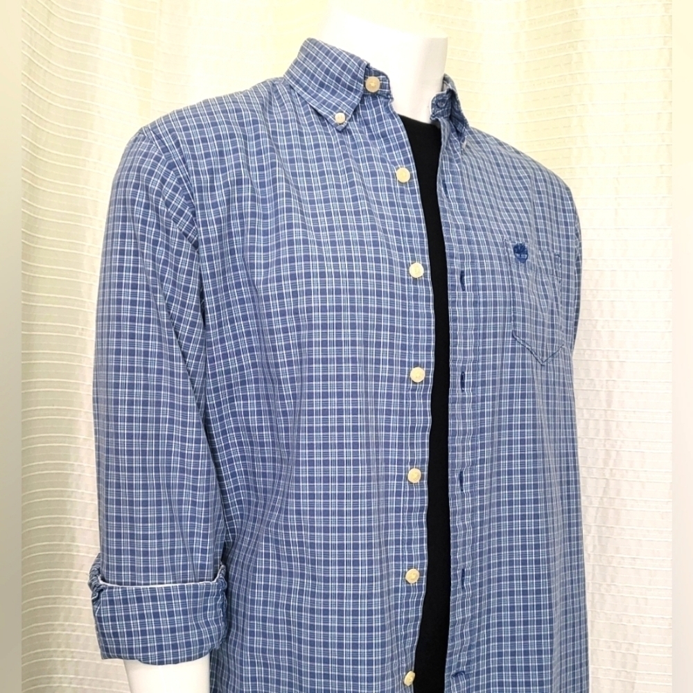 Timberland Button Down Plaid Shirt 100% Cotton Blue White Men's M
